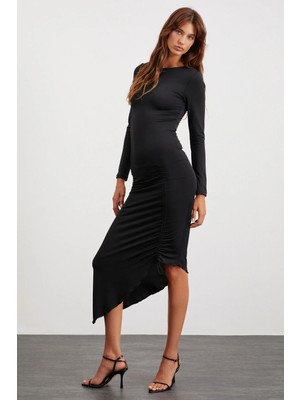 Ethiquet Claudıa Kadın Drape Yarı Parlak Esnek Kumaşlı Asimetrik Uzun Kollu Maxi Siyah Elbise