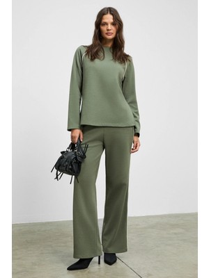 ETHIQUET ELSBETH Kadın Bisiklet Yaka Yanı Yırtmaçlı Reglan Kol Oversize Beli Lastikli BoruPaça Haki Alt-Üst T