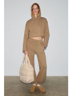 ETHIQUET AYATRE Kadın Organik Pamuklu İçi Polarlı Kapüşonlu Regular Beli Lastikli Vizon Alt-Üst Takım