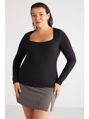 Ethiquet Ethıquet Aadabb Kadın Büyük Beden Slim Fit Dar Kesim Vücudu Saran Kare Yaka Uzun Kollu Siyah Büyük Beden Bluz