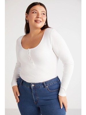 Ethiquet Ethıquet Zazanabb Kadın Fitilli Görünümlü Vücudu Saran Derin Yuvarlak Yaka Düğmeli Beyaz Büyük Beden Bluz