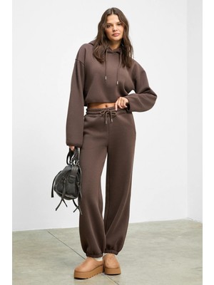 ETHIQUET AYATRE Kadın Organik Pamuklu İçi Polarlı Kapüşonlu Regular Beli Lastikli Koyu Kahverengi Alt-Üst Tak