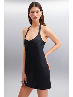 Ethiquet EMELIN Kadın Saten Kumaşlı Göğüs Kuplu Mini Parti Stili Siyah Elbise