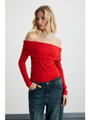 Grimelange ETHIQUET BABEL Kadın Likralı Viskon Bardot Yaka Yumuşacık Kırmızı Bluz