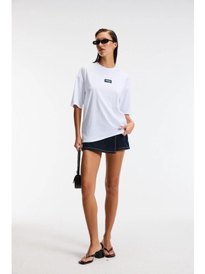 Grimelange Ethiquet ZEYLINA Kadın %100 Pamuk Baskılı Regular Fit Kısa Kollu Bisiklet Yaka Beyaz T-Shirt