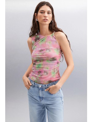 Grimelange ETHIQUET JERI Kadın Çift Kat Tül Mesh Kumaşı Burgu Omuzlu Çiçek Desenli Pembe Bluz