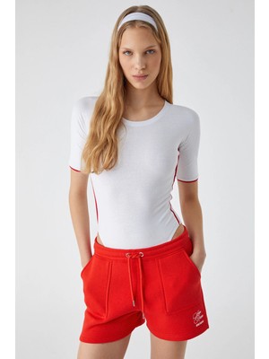 Grimelange Ethıquet Mogsus Kadın Slim İnce Bisiklet Yaka Kısa Kol Çıtçıtlı Beyaz Body