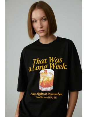 Grimelange Ethiquet MERCEDITAS Kadın Regular Baskılı Yuvarlak Yaka Siyah T-Shirt