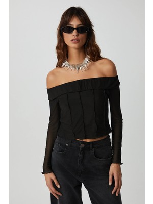 Grimelange ETHIQUET NERYS Kadın Tül Mesh Kısa Bardot Yaka Omuzları Açık Uzun kollu Parçalı Siyah Bluz