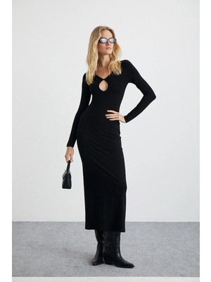 Grimelange Ethiquet LURVIN Kadın Viscon Likralı Dekolte yaka Vücüdü Saran Bodycon Maxi Siyah Elbise