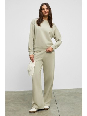 ETHIQUET ANSELMA Kadın Organik Pamuklu Regular Beli Lastikli Kordonlu Çift Cepli Geniş Paça Açık Haki Alt-Üst