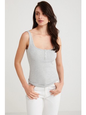 Ethiquet Ethıquet Lıtzy Kadın Slim Fit Dar Kalıp Düğme Detaylı Kalın Askılı Oyuk Yaka Grimelanj Atlet