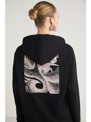 Ethiquet GLACE Kadın Ön Ve Arka Baskı Detaylı Kapüşonlu Regular Fit Normal Kalıp Siyah Sweatshirt