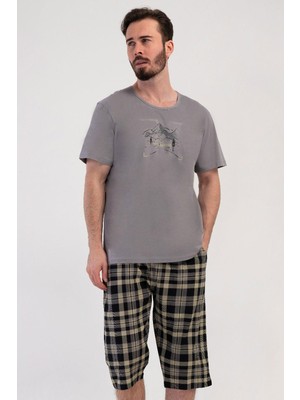 Vienetta Erkek Kısa Kol Gri Ekose Kapri %100 Pamuk Rahat Kalıp Pijama Takımı C0T8N1804