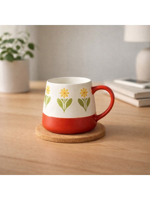 Evidea Kitchen Sarı Çiçekli Seramik Kupa - Beyaz - 500 ml