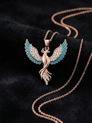 Erdobia 925 Ayar Gümüş Zümrüdüanka Kuşu Kolye - Rose Altın Kaplama Turkuaz Mineli Kadın Kolye