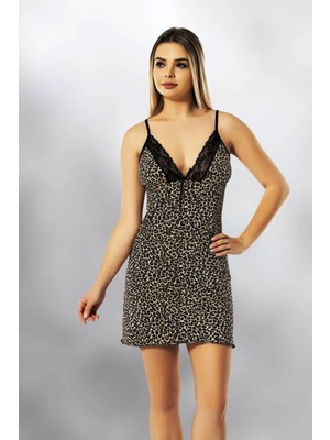 Kota Leopar Desenli Kadın Gecelik 6354 Yumuşak Kumaş ve Dantel Detaylar