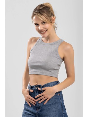 Baykar Kadın Bisiklet Yaka Sıfır Kol Kaşkorse Crop Büstiyer Gri