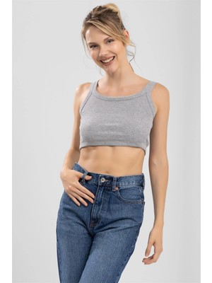 Baykar Kadın Oval Yaka Kalın Askılı Kaşkorse Crop Büstiyer Gri