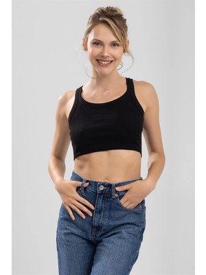 Baykar Kadın Oval Yaka Kalın Askılı Kaşkorse Crop Büstiyer Siyah