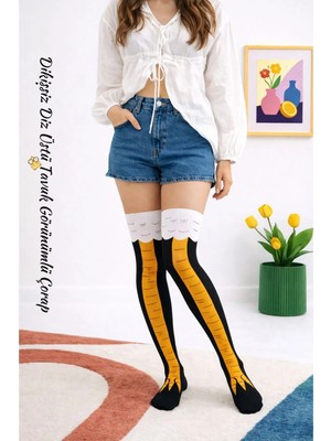 Kral Socks 1 Çift Diz Üstü Tavuk Bacağı Desenli Çorap