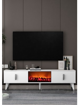 Cantek Dizayn TV0061-0061-TXA150-64 Şömineli Tv Sehpası Beyaz-Gümüş