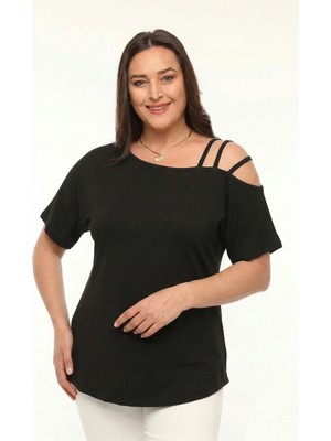 Curvy Trend Büyük Beden Asimetrik 3 Askı Biyeli Kısa Kol Bluz