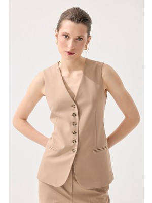 Gusto Klasik Düğmeli Yelek - Bej