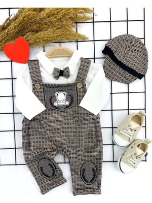 Diji Baby 3-6-9-12 Ay Papyonlu Kırçıl Nakış Detaylı Kasket Şapkalı Uzun Kollu 3lü Erkek Bebek Salopet Takımı