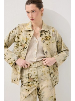 Gusto Iz Koleksiyonu Eko Print Desenli Kanvas Ceket - Yeşil