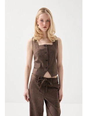 Gusto Kare Yakalı Çizgili Keten Yelek - Kahverengi