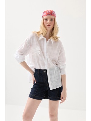 Gusto Çiçek Aplikeli Pamuklu Gömlek - Beyaz