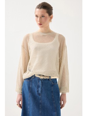 Gusto Ajurlu Viskon Triko Bluz - Bej