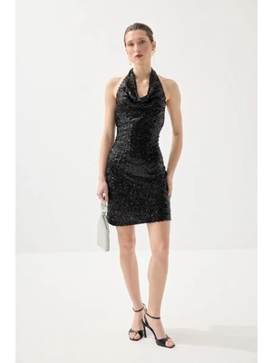 Gusto Degaje Yakalı Pul Payet Premıum Abiye Elbise - Siyah