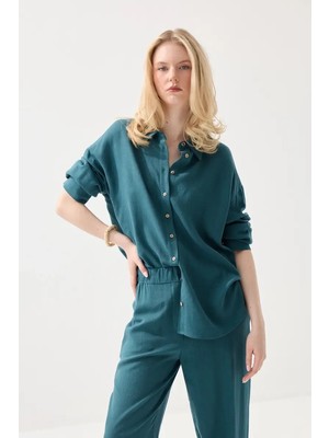 Gusto Rahat Kesim Keten Gömlek - Yeşil