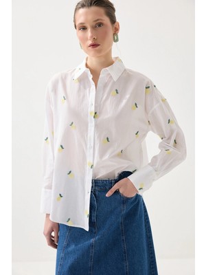 Gusto Nakışlı Limon Desenli Koton Gömlek - Beyaz