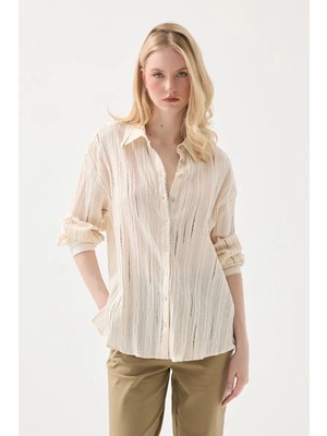 Gusto Simli Çizgili Müslin Koton Gömlek - Ekru