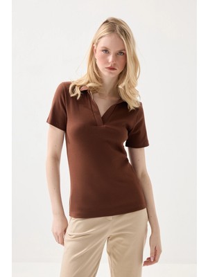 Gusto Polo Yaka Kaşkorse Tshirt - Kahverengi