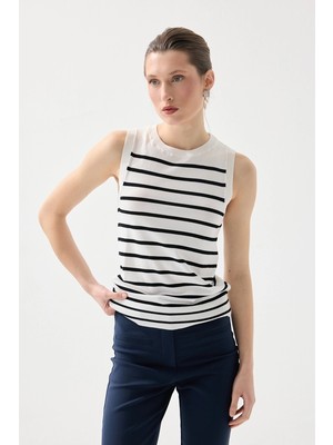 Gusto Çizgili Merserize Triko Bluz - Beyaz