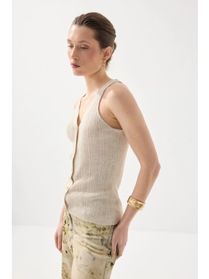 Gusto V Yaka Keten Triko Yelek - Taş