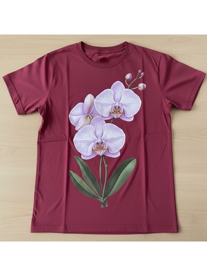 Alza Design Bordo Lila Orkide Çiçeği Baskılı Pamuklu T-Shirt