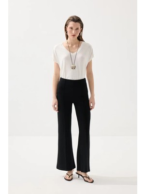 Gusto Nervür Detaylı Ispanyol Paça Örme Pantolon - Siyah