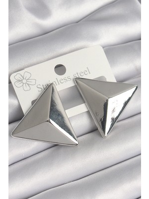 Solenya Pirinç Gümüş Renk 3D Üçgen Model Kadın Küpe