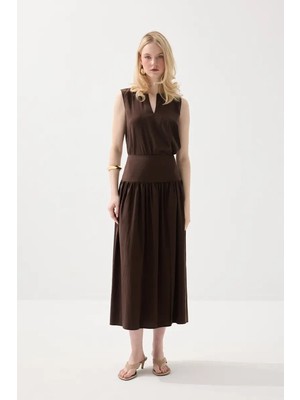 Gusto Yırtmaçlı Uzun Tencel Etek - Kahverengi
