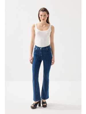 Gusto Nervürlü Flare Denim Pantolon - Lacivert