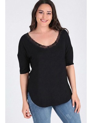 Curvy Trend Büyük Beden Geniş Dantel Yaka Yarım Kol Yan Yırtmaç Bluz