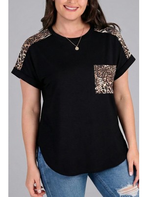 Curvy Trend Büyük Beden Omuz ve Cep Leopar Desenli Bisiklet Yaka Kısa Kol Yan Yırtmaç Bluz