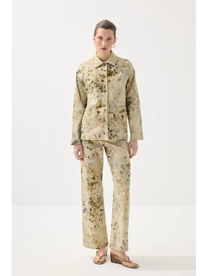 Gusto Iz Koleksiyonu Eko Print Desenli Bol Paça Pantolon - Yeşil