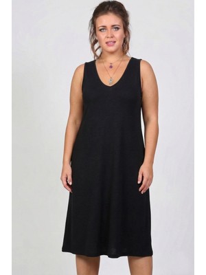 Curvy Trend Büyük Beden V Yaka Kolsuz Viskon Elbise