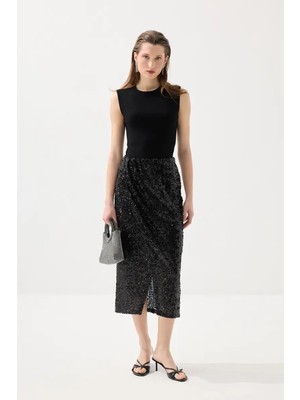 Gusto Pul Payet Uzun Premıum Abiye Etek - Siyah